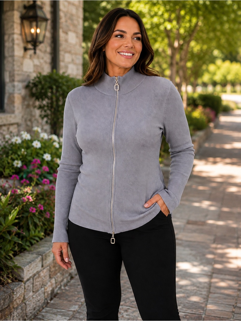 Eloquii Ribbed Zip-Front Mockneck Cardigan in Gray